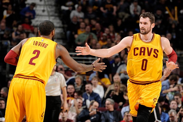 Kyrie Irving #2 and Kevin Love #0 of the Cleveland Cavaliers 