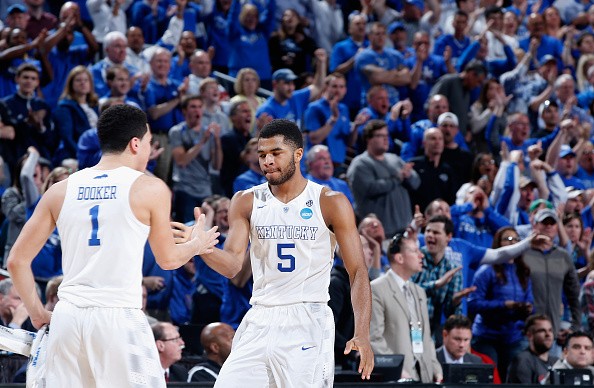 Teammates Devin Booker #1 and Andrew Harrison