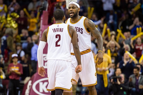 Kyrie Irving #2 and LeBron James #23 of the Cleveland Cavaliers