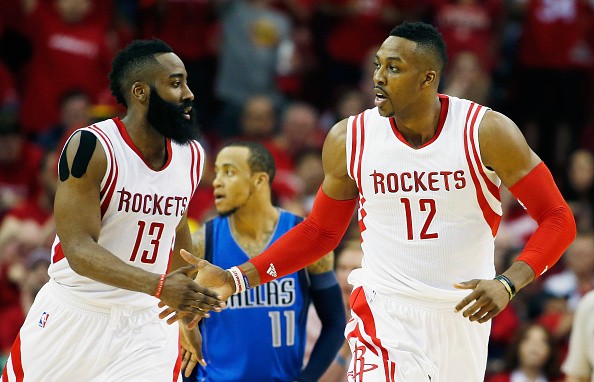 James Harden #13 and Dwight Howard #12 of the Houston Rockets