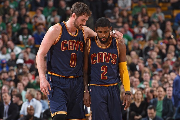 Kevin Love #0 and Kyrie Irving #2 of the Cleveland Cavaliers