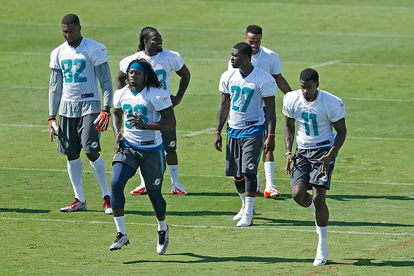 Jay Ajayi #33 and DeVante Parker #11 of the Miami Dolphins 