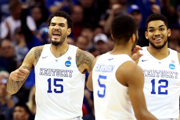 Karl-Anthony Towns #12 of the Kentucky Wildcats and Willie Cauley-Stein #15 of the Kentucky Wildcats