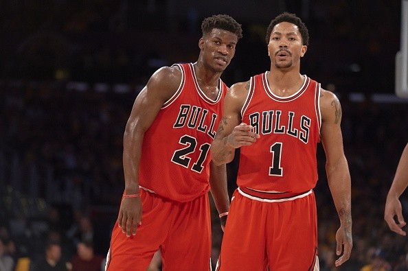 Jimmy Butler #21 and Derrick Rose #1 of the Chicago Bulls