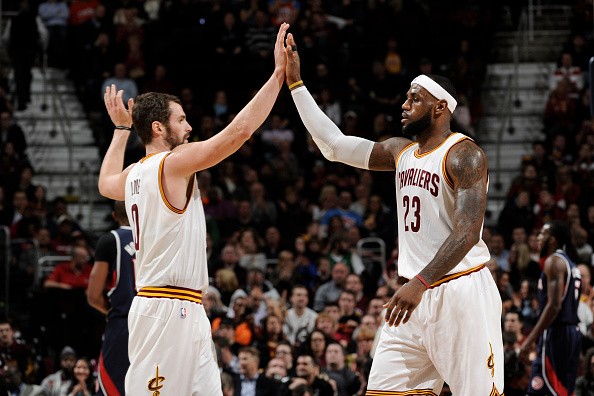 Kevin Love #0 and LeBron James #23 of the Cleveland Cavaliers 