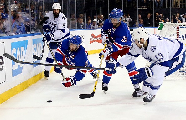 Ryan McDonagh #27 and Martin St. Louis #26 of the New York Rangers 