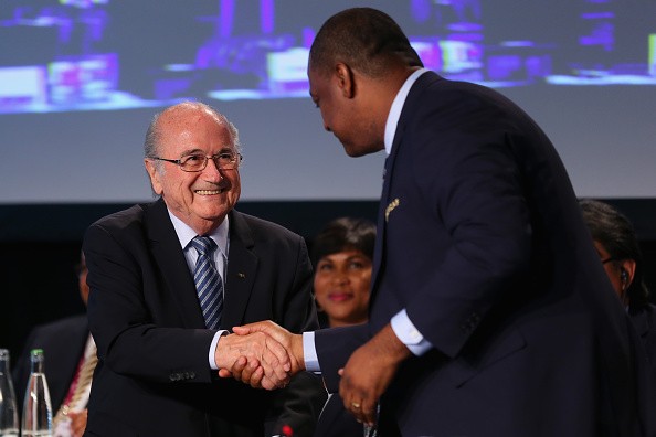 Jeffrey Webb (R), FIFA Vice-President and CONCACAF President welcomes FIFA President Joseph S. Blatter for the CONCACAF