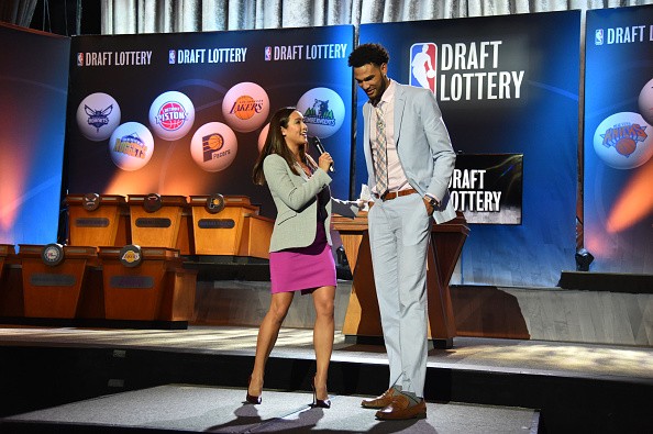 Cassidy Hubbarth of ESPN interviews Draft Prospect Willie Cauley-Stein during the 2015 NBA Draft Lottery