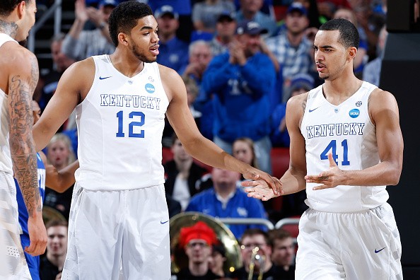 Karl-Anthony Towns #12 and Trey Lyles #41 of the Kentucky Wildcats 