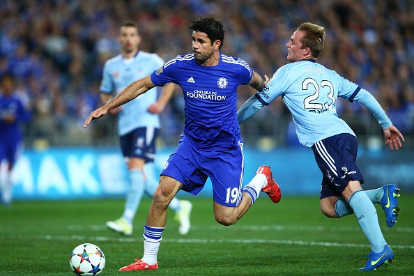 Diego Costa of Chelsea is challenged by Rhyan Grant 