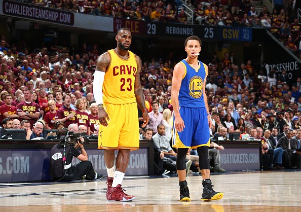 LeBron James #23 of the Cleveland Cavaliers and Stephen Curry #30 of the Golden State Warriors