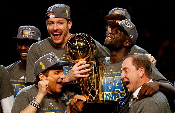Draymond Green #23 David Lee #10 and Andrew Bogut #12 of the Golden State Warriors