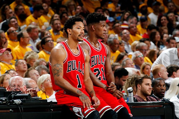 Derrick Rose #1 and Jimmy Butler #21 of the Chicago Bulls 