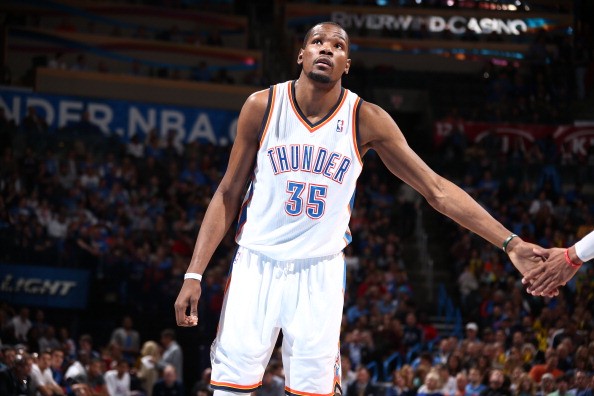 Kevin Durant #35 of the Oklahoma City Thunder celebrates during a game against the Miami Heat