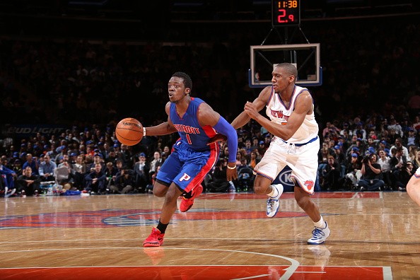 Reggie Jackson #1 of the Detroit Pistons drives to the basket against Tim Hardaway Jr. #5 of the New York Knicks 
