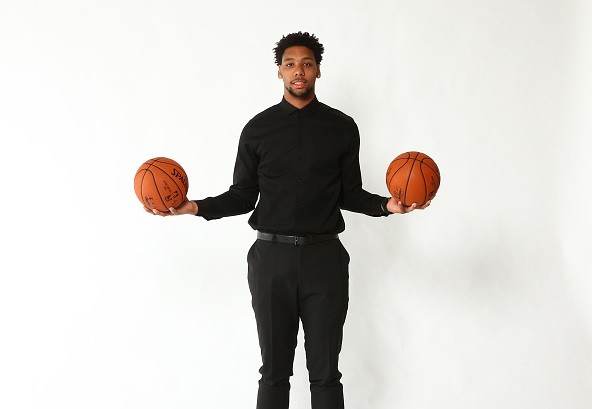 NBA Draft Prospect, Jahlil Okafor poses for portraits during media availability and circuit as part of the 2015 NBA Draft 