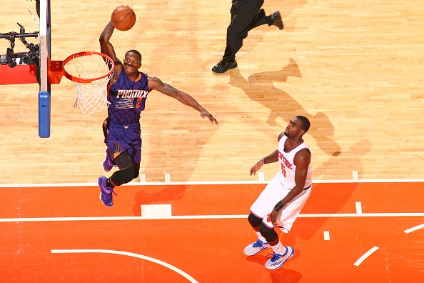 Eric Bledsoe #2 of the Phoenix Suns goes up for a dunk against the New York Knicks