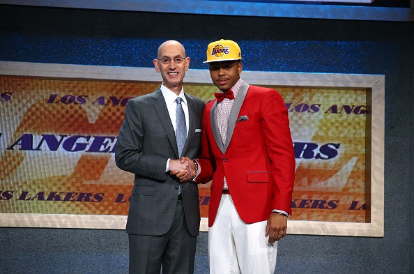D'Angelo Russell shakes hands with NBA Commissioner Adam Silver