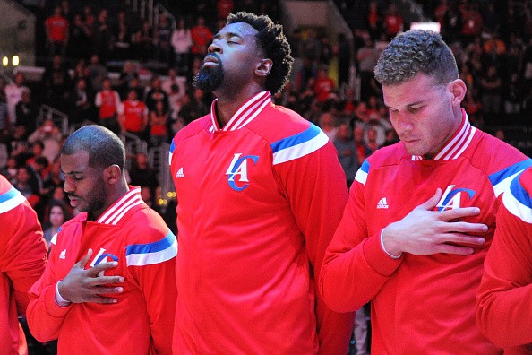 Chris Paul #3, DeAndre Jordan #6, and Blake Griffin #32 of the Los Angeles Clippers