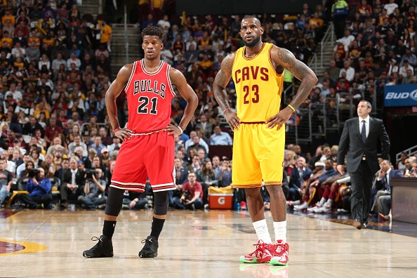 Jimmy Butler #21 of the Chicago Bulls and LeBron James #23 of the Cleveland Cavaliers