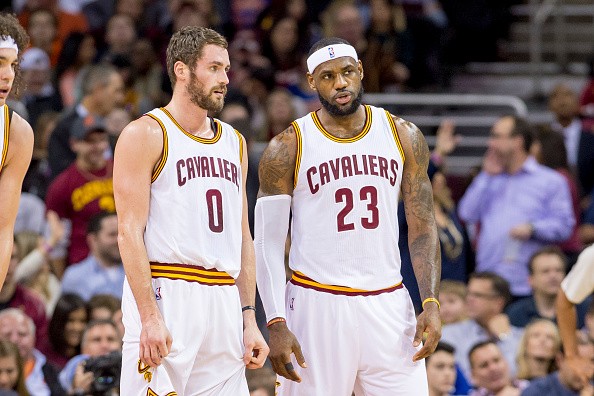 Kevin Love #0 and LeBron James #23 of the Cleveland Cavaliers