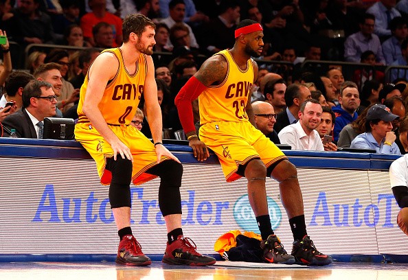 LeBron James #23 and Kevin Love #0 of the Cleveland Cavaliers