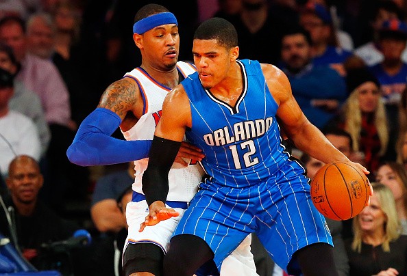Tobias Harris #12 of the Orlando Magic in action against Carmelo Anthony #7 of the New York Knicks