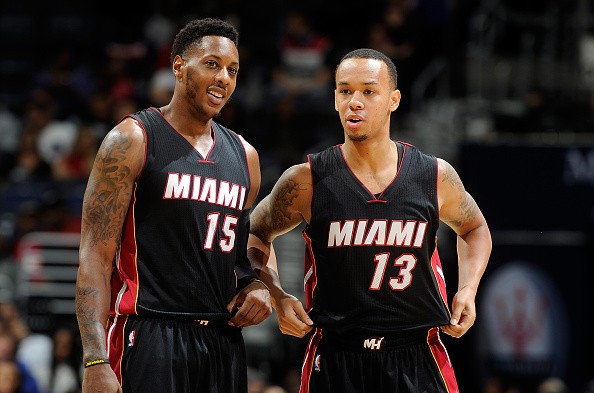 Mario Chalmers #15 and Shabazz Napier #13 of the Miami Heat 