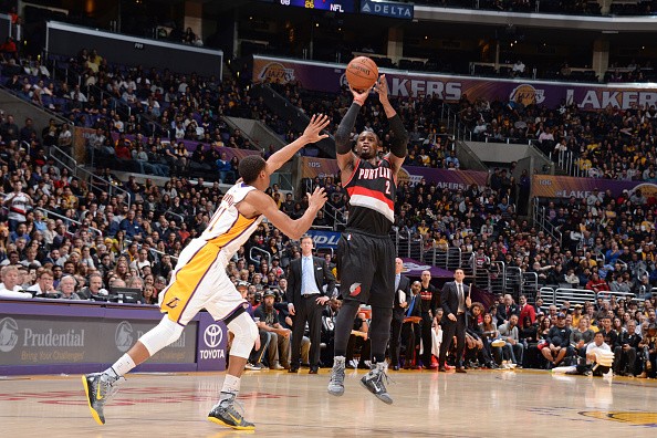 Wesley Matthews #2 of the Portland Trail Blazers shoots the ball against the Los Angeles Lakers 