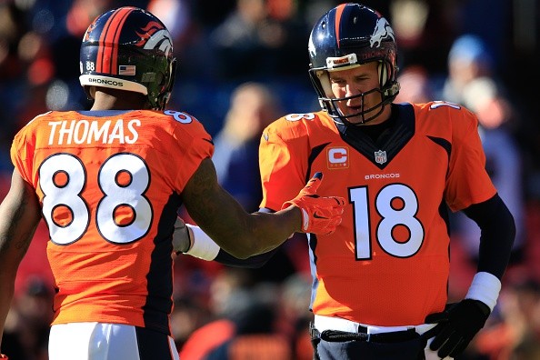 Quarterback Peyton Manning #18 and wide receiver Demaryius Thomas #88 of the Denver Broncos