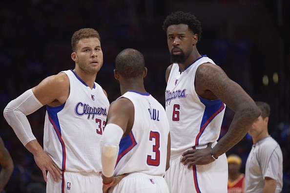 Los Angeles Clippers players Blake Griffin (32) with DeAndre Jordan (6) and Chris Paul (3)