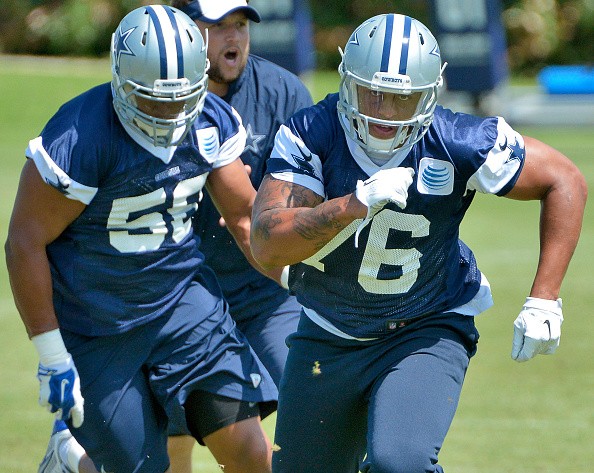 The Dallas Cowboys' Greg Hardy (76) runs a drill during an OTA practice at Valley Ranch