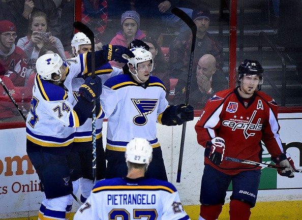St. Louis Blues right wing T.J. Oshie (74), left, congratulates St. Louis Blues right wing Vladimir Tarasenko 