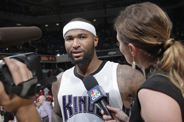DeMarcus Cousins #15 of the Sacramento Kings speaks to the media after the game against the Los Angeles Lakers