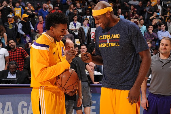 Nick Young #0 of the Los Angeles Lakers and Brendan Haywood #33 of the Cleveland Cavaliers