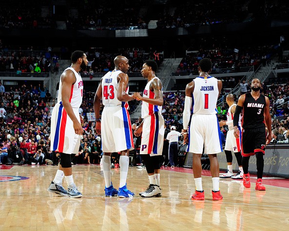 Andre Drummond #0, Anthony Tolliver #43, Brandon Jennings #7 and Reggie Jackson #1 of the Detroit Pistons