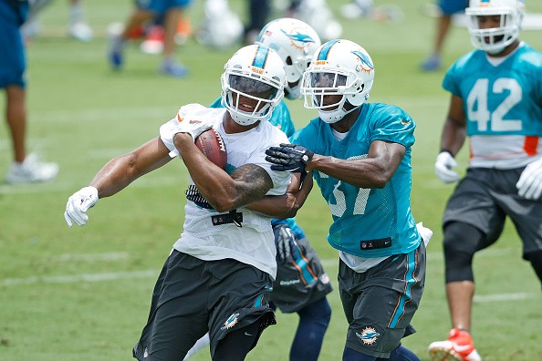 Sammy Seamster #37 defends against Rishard Matthews #18 of the Miami Dolphins