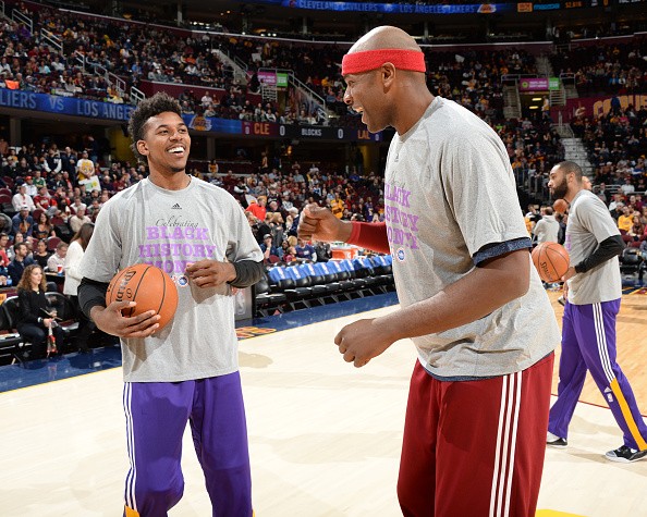 Nick Young #0 of the Los Angeles Lakers and Brendan Haywood #33 of the Cleveland Cavaliers 