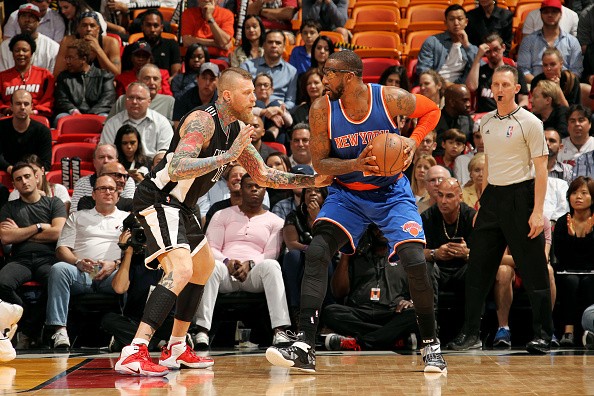 Amar'e Stoudemire #1 of the New York Knicks handles the ball against Chris Andersen #11 of the Miami Heat 