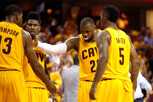 LeBron James #23 of the Cleveland Cavaliers, Tristan Thompson #13, Iman Shumpert #4 and J.R. Smith 