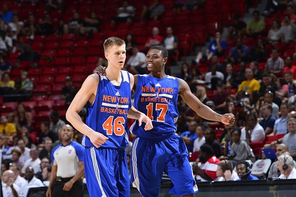 Kristaps Porzingis #46 and Cleanthony Early #17 of the New York Knicks 