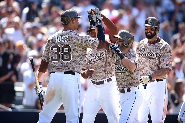 Wil Nieves #7 is congratulated by Tyson Ross #38, Justin Upton #10 and Will Middlebrooks #11 of the San Diego Padres