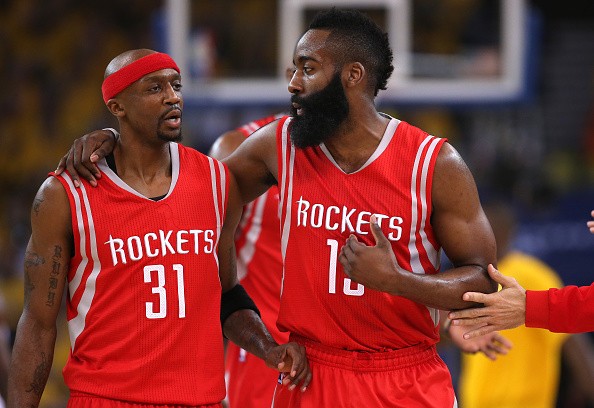 Jason Terry #31 and James Harden #13 of the Houston Rockets