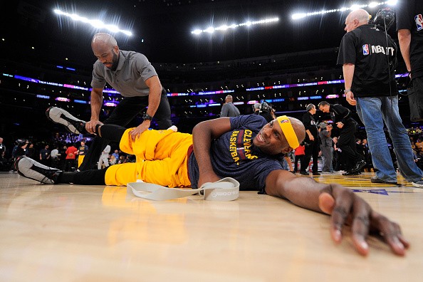 Brendan Haywood #33 of the Cleveland Cavaliers stretches before a game against the Los Angeles Lakers