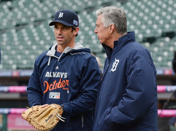 Manager Brad Ausmus #7 (L) of the Detroit Tigers and Tigers President, CEO and General Manager Dave Dombrowski