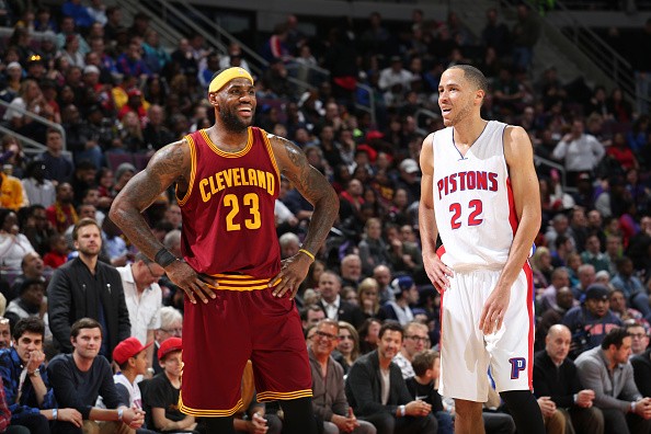 LeBron James #23 of the Cleveland Cavaliers and Tayshaun Prince #22 of the Detroit Pistons 