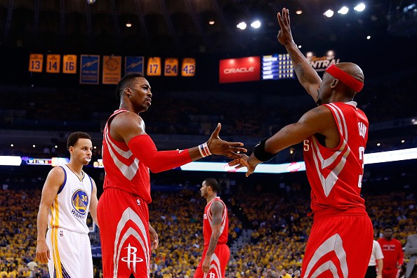 Dwight Howard #12 and Jason Terry #31 of the Houston Rockets
