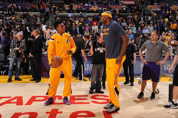 Nick Young #0 of the Los Angeles Lakers and Brendan Haywood 
