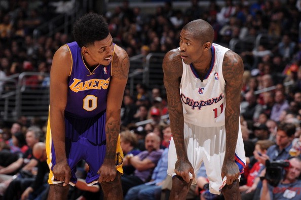 Nick Young #0 of the Los Angeles Lakers and Jamal Crawford #11 of the Los Angeles Clippers