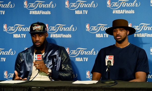 LeBron James #23 and Tristan Thompson #13 of the Cleveland Cavaliers